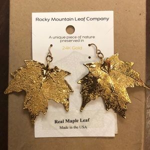 24K Gold Real Maple Leaf Dangle Earrings